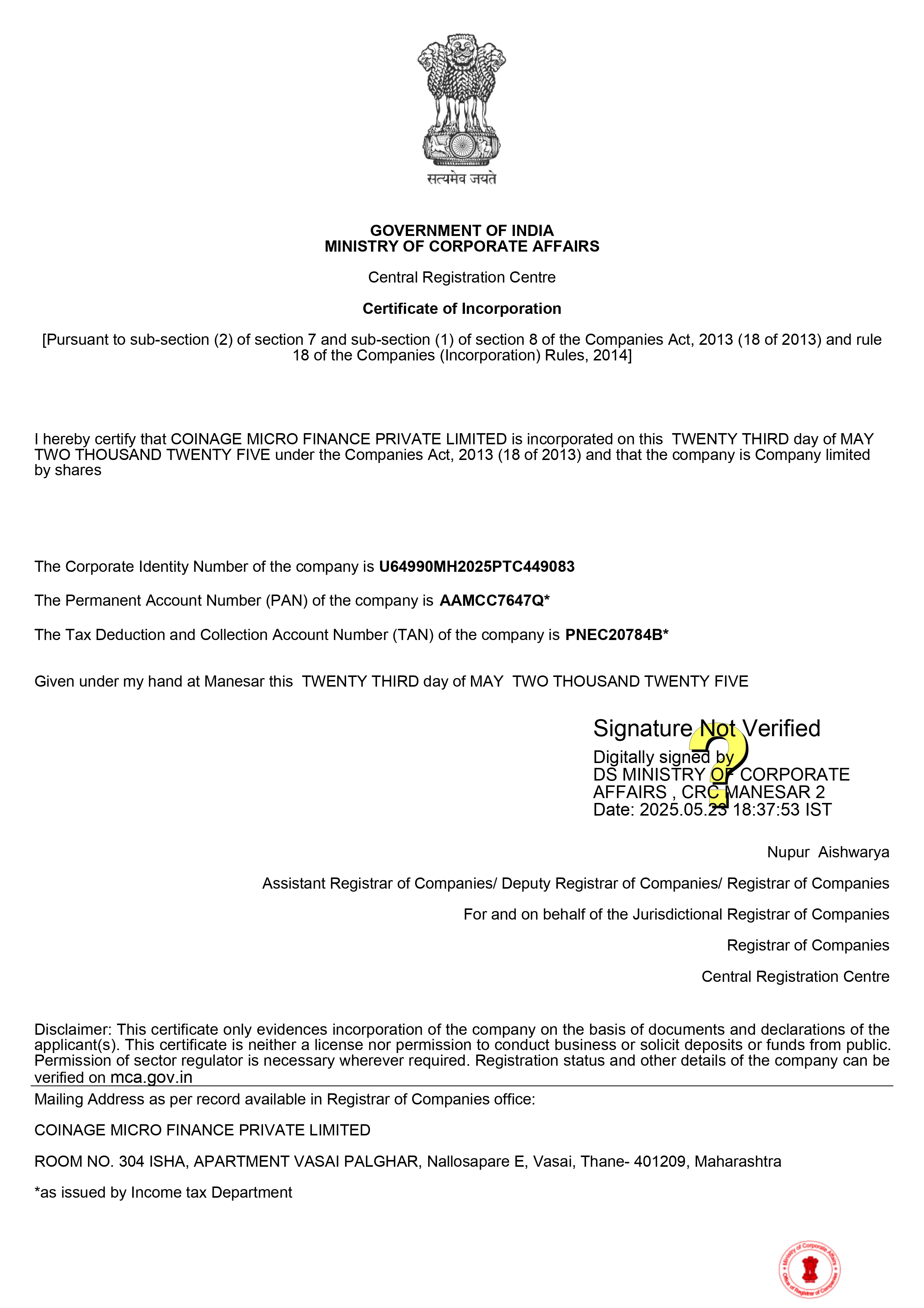Certificate of Incorporation (RC) — Coinage Micro Finance Pvt. Ltd.